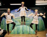 Three acting students dressed as sheep in The Nativity