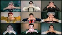 Series of images of students in costume with their hands over their mouths