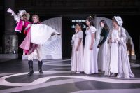 Students performing on stage in Pride and Prejudice at the Mount Without